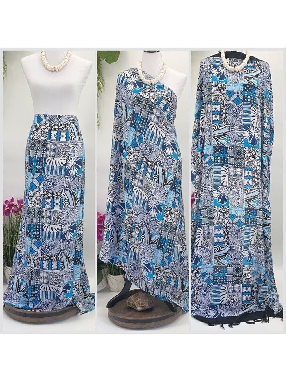 Blue White Black Tapa MAXI SARONG Kīkepa Pareo Beach Wrap Skirt
